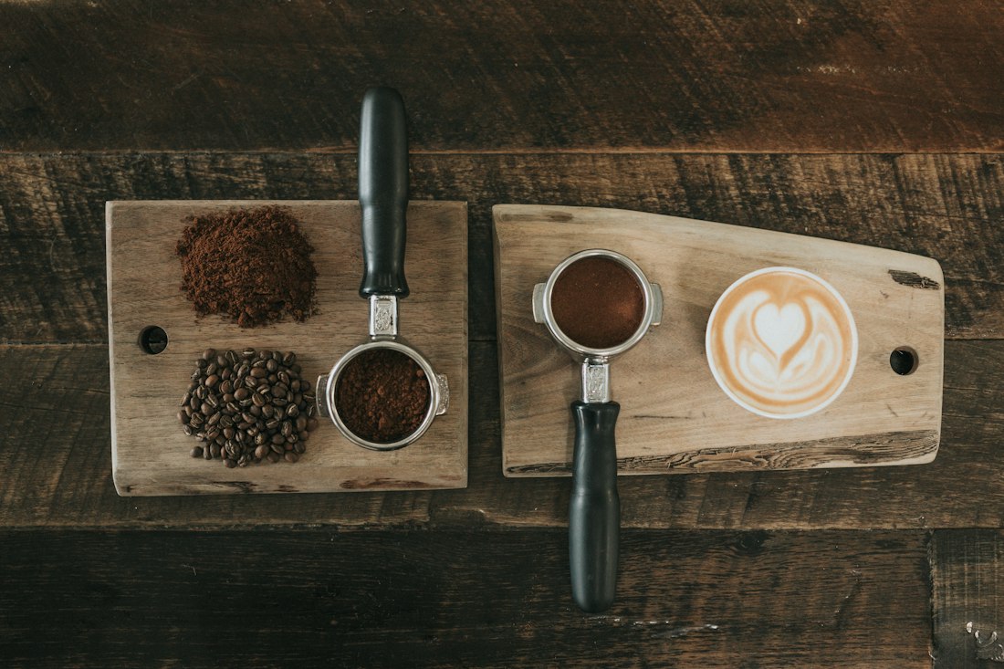 Coffee and pastry on a wooden board